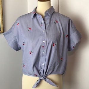 Love, Fire Cherry Embroidered Blue Stripe …